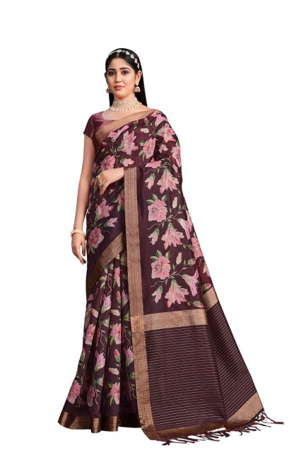 Maroon Saree with Embroidered,printed Tussar silk