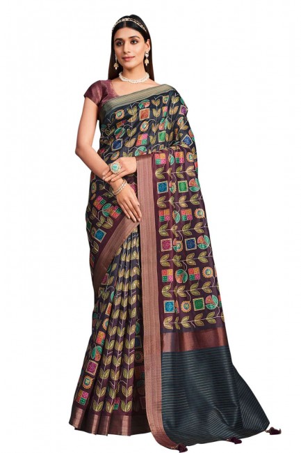 Saree in Black,maroon Tussar silk with Embroidered,printed