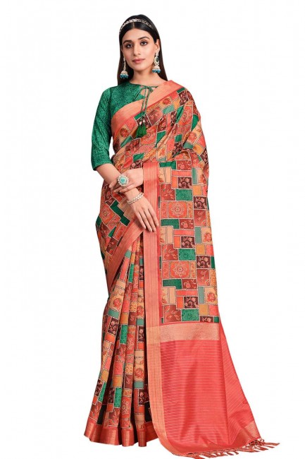 Saree in Orange Tussar silk with Embroidered,printed