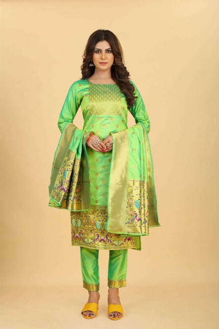 Printed Silk Sharara Suit in Green with Dupatta
