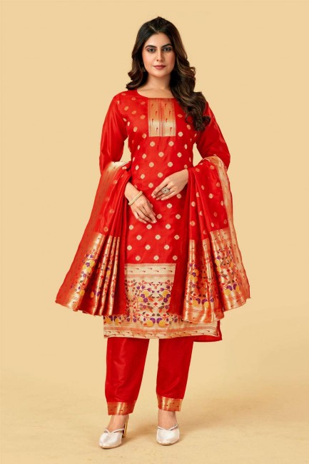 Weaving Silk Salwar Kameez in Red with Dupatta