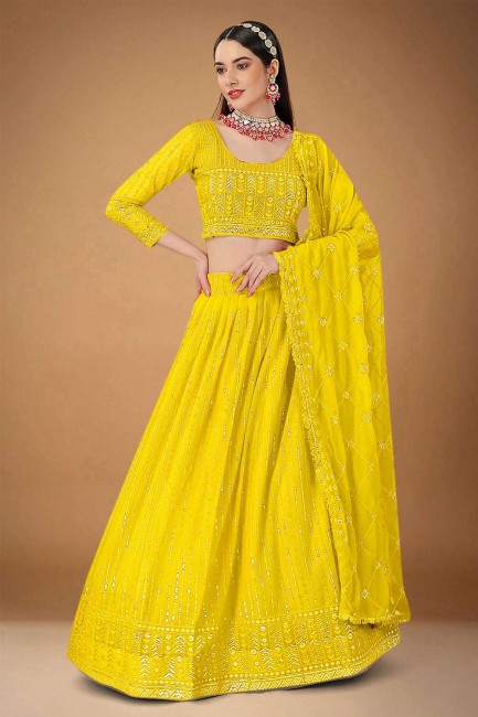 Embroidered Georgette Yellow Wedding Lehenga Choli with Dupatta