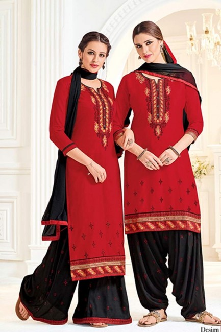 Fashionable red Cotton Patiala Suit