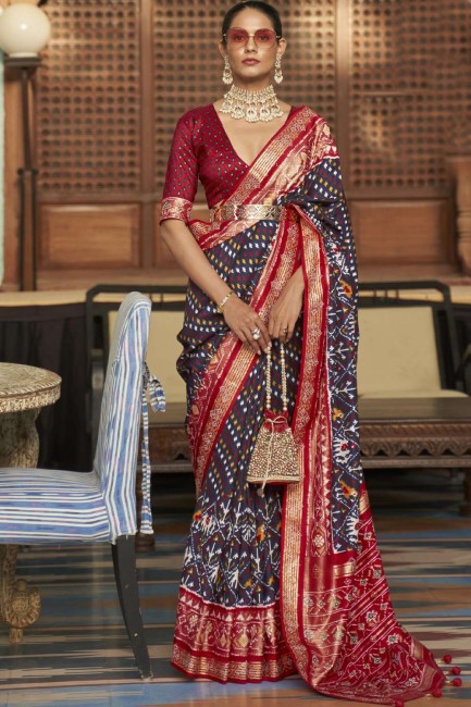 Grey South Indian Saree in Patola silk with Printed