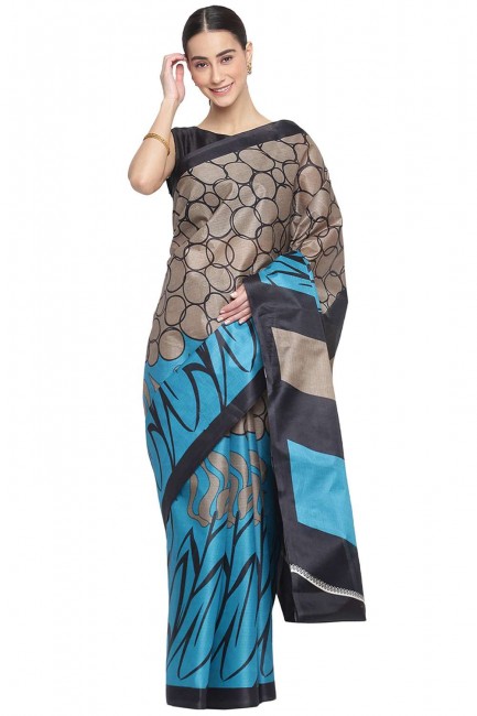 Blue Saree in Linen with Printed