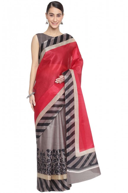 Saree Linen in Pink with Printed