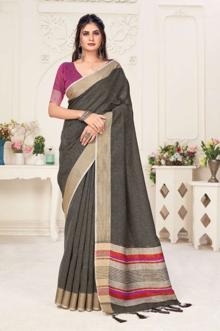 Saree in Taupe  Linen with Weaving