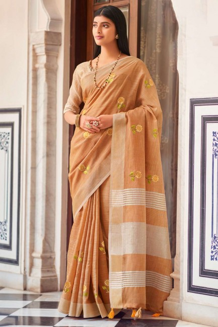 Embroidered Linen Orange Saree with Blouse