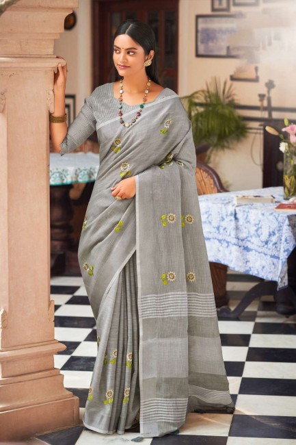 Linen Grey Saree with Embroidered