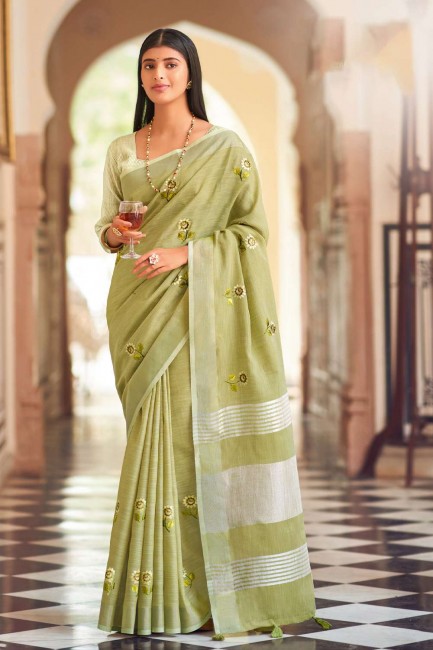 Light green Saree in Linen with Embroidered