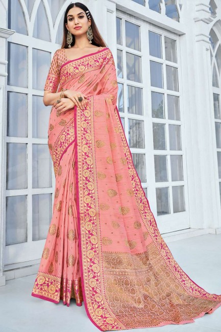 Cotton Weaving  Saree in Pink with Blouse