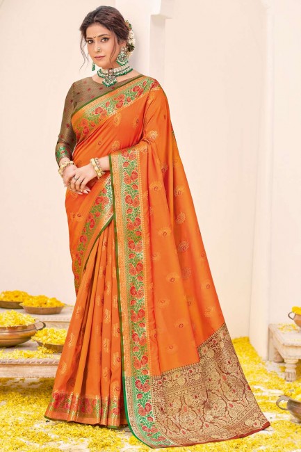 Saree Weaving Silk in Orange with Blouse