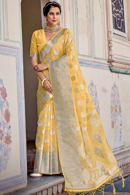 Linen Saree in Yellow with Weaving