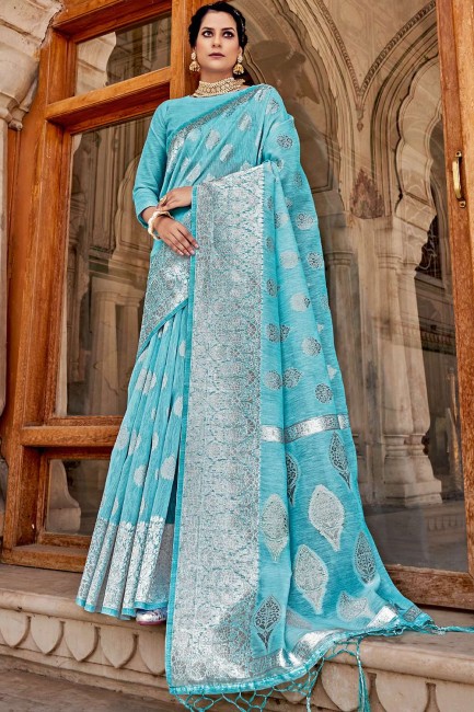 Linen Saree with Weaving in Sky blue
