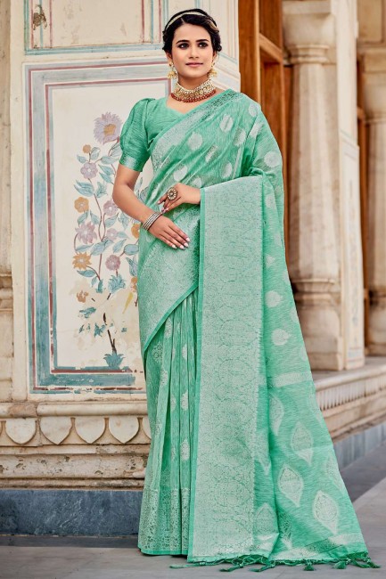 Linen Saree in Sea green with Weaving