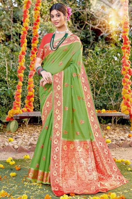 Cotton Saree in Light green with Weaving