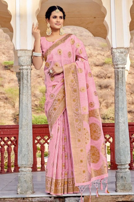 Pink Saree in Linen with Weaving