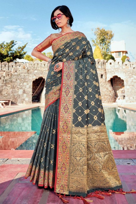 Grey Banarasi silk Banarasi Saree with Weaving