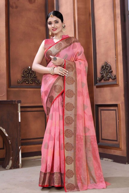 Silk Saree Weaving in Pink with Blouse