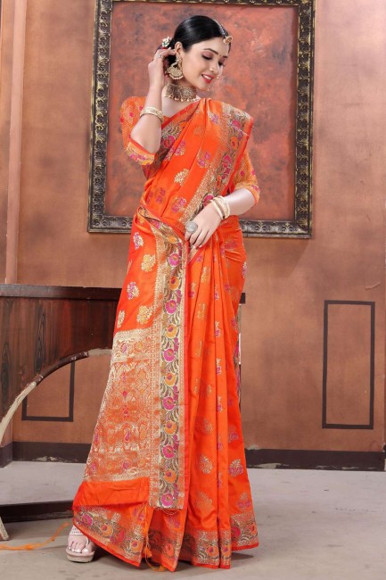 Saree in Orange Silk with Weaving