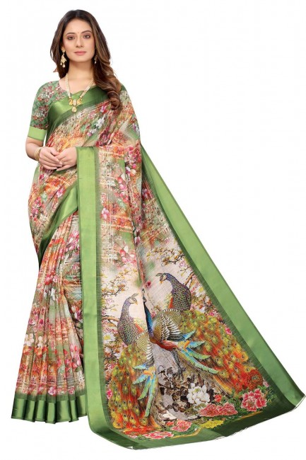Silk Light green Saree in Printed