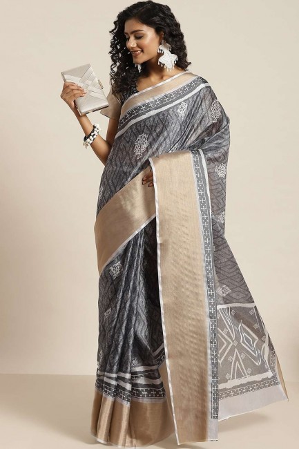Saree Silk with Printed in Grey