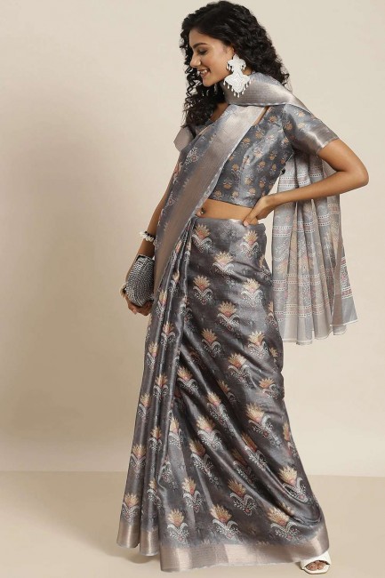 Saree with Printed in Grey Silk