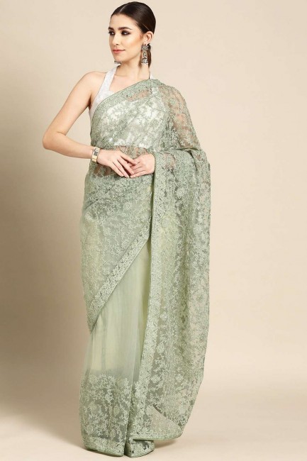 Net Saree in Light  Green with Embroidered