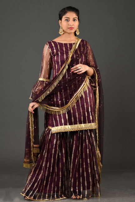 Net Readymade Sharara Suit with Lace in Crater brown