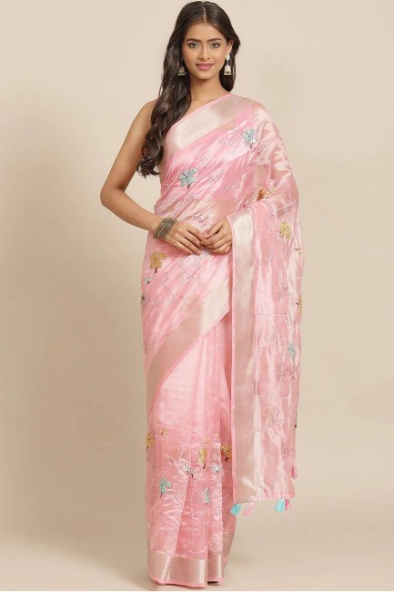 Cotton blend Saree in Pink with Embroidered