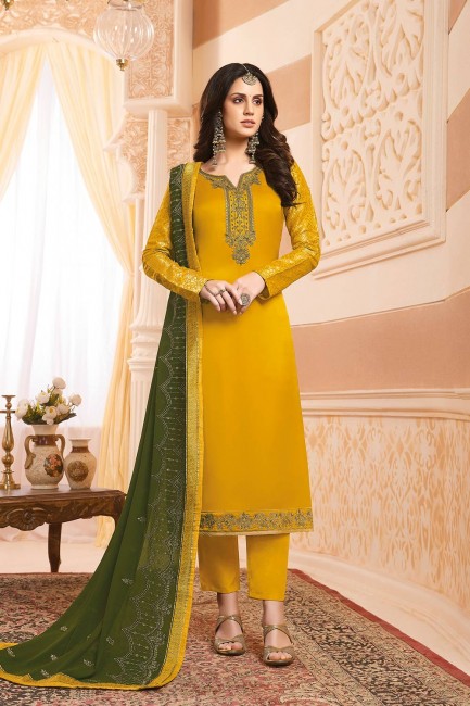 Impressive yellow Satin georgette Churidar Suits