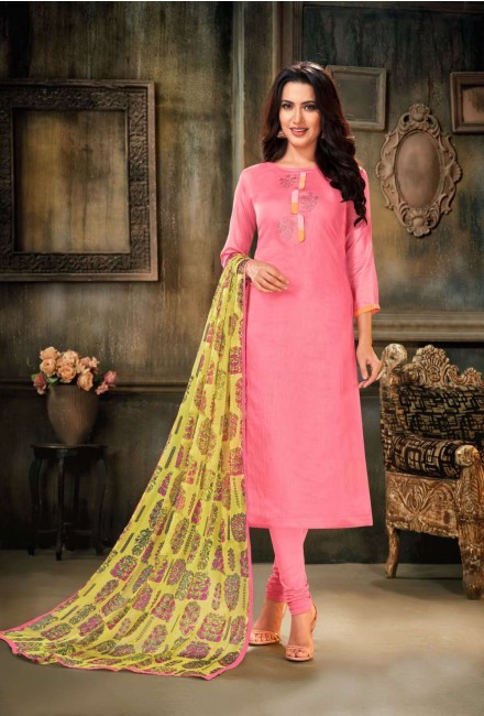 Light pink Chanderi and cotton Churidar Suit