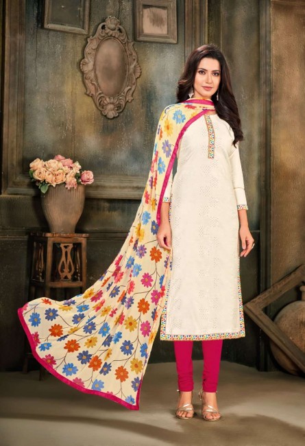 White Chanderi and cotton Churidar Suit