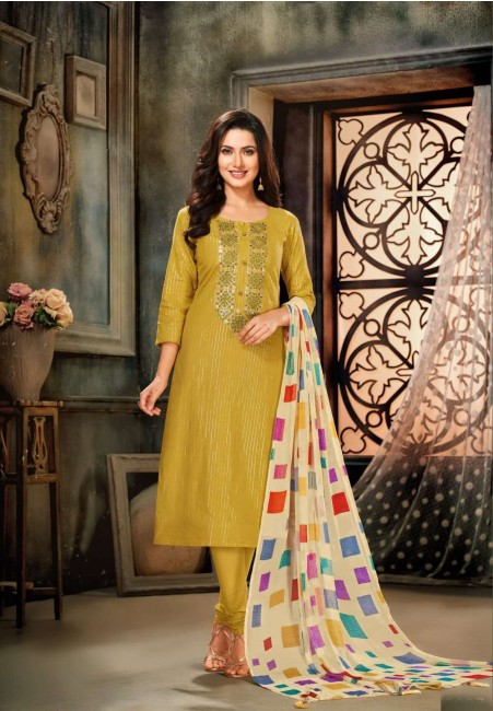 Olive  Chanderi and cotton Churidar Suit
