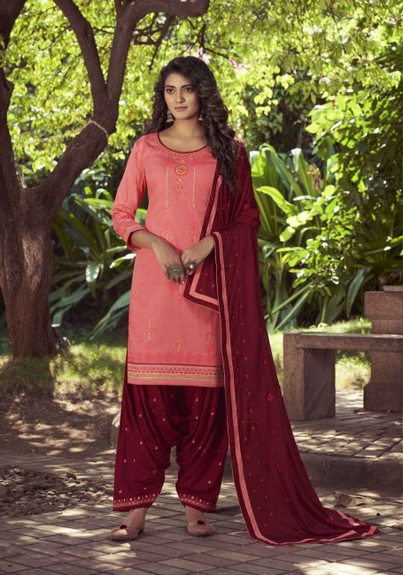 Pink Cotton and satin Patiala Suit