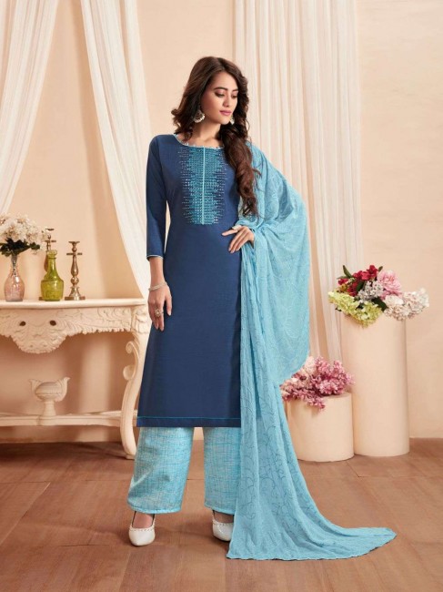 Blue Cotton and satin Palazzo Suit