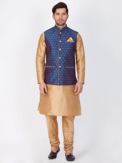 Charming Gold Cotton Silk Ethnic Wear Kurta Readymade Kurta Payjama With Jacket