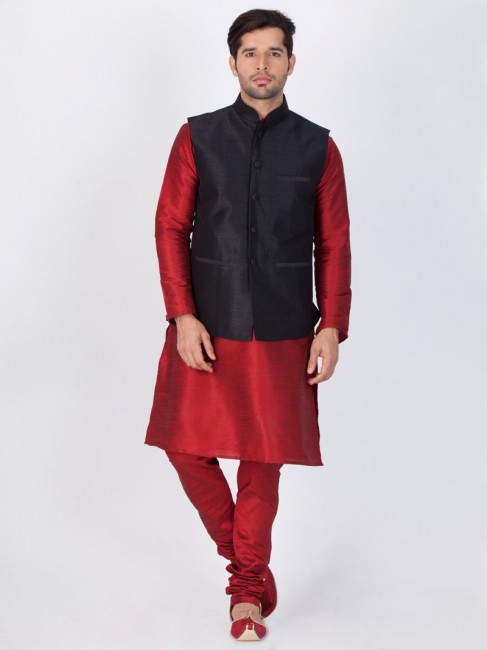 Latest Ethnic Maroon Cotton Silk Ethnic Wear Kurta Readymade Kurta Payjama With Jacket