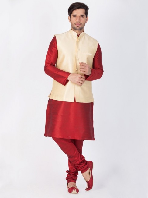 Impressive Maroon Cotton Silk Ethnic Wear Kurta Readymade Kurta Payjama With Jacket