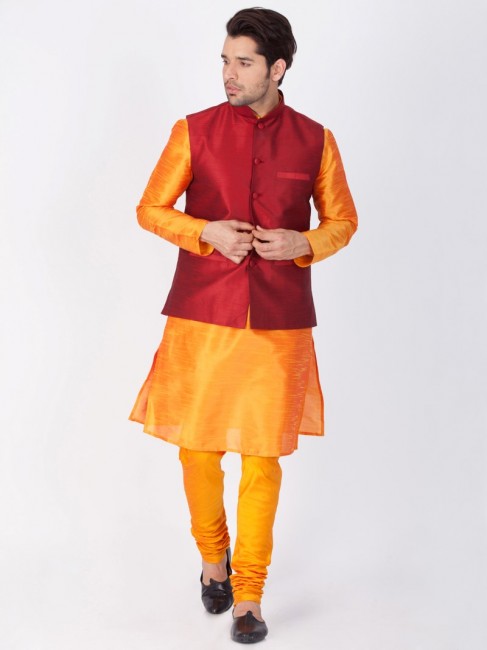 Divine Orange Cotton Silk Ethnic Wear Kurta Readymade Kurta Payjama With Jacket