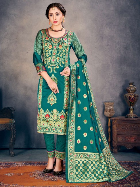 Teal green Art silk Straight Pant Suit