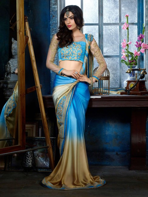 Sky blue Saree with Embroidered Satin