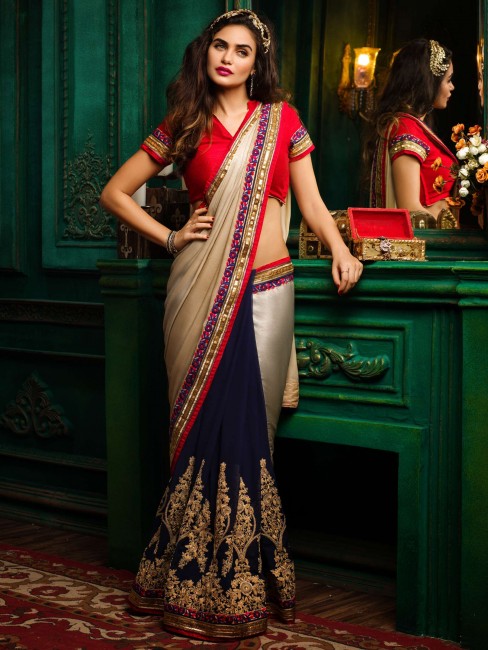Navy blue Embroidered Georgette Saree and Blouse