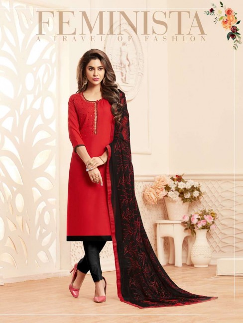 Glorious Red Cotton Straight Pant Suit