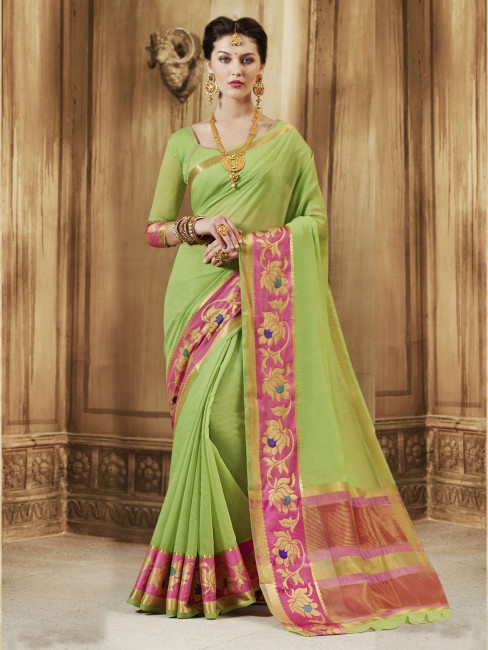 Cotton and silk in Green Saree