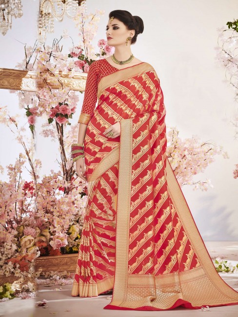 Divine Red Banarasi raw silk Saree