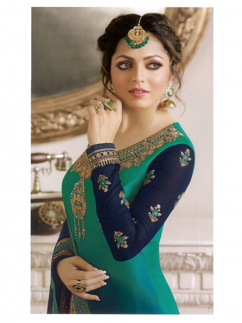 Sea blue,green Georgette and satin Churidar Suits