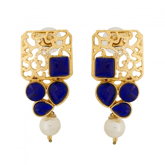 Stone And Pearls Gold, Blue Earrings