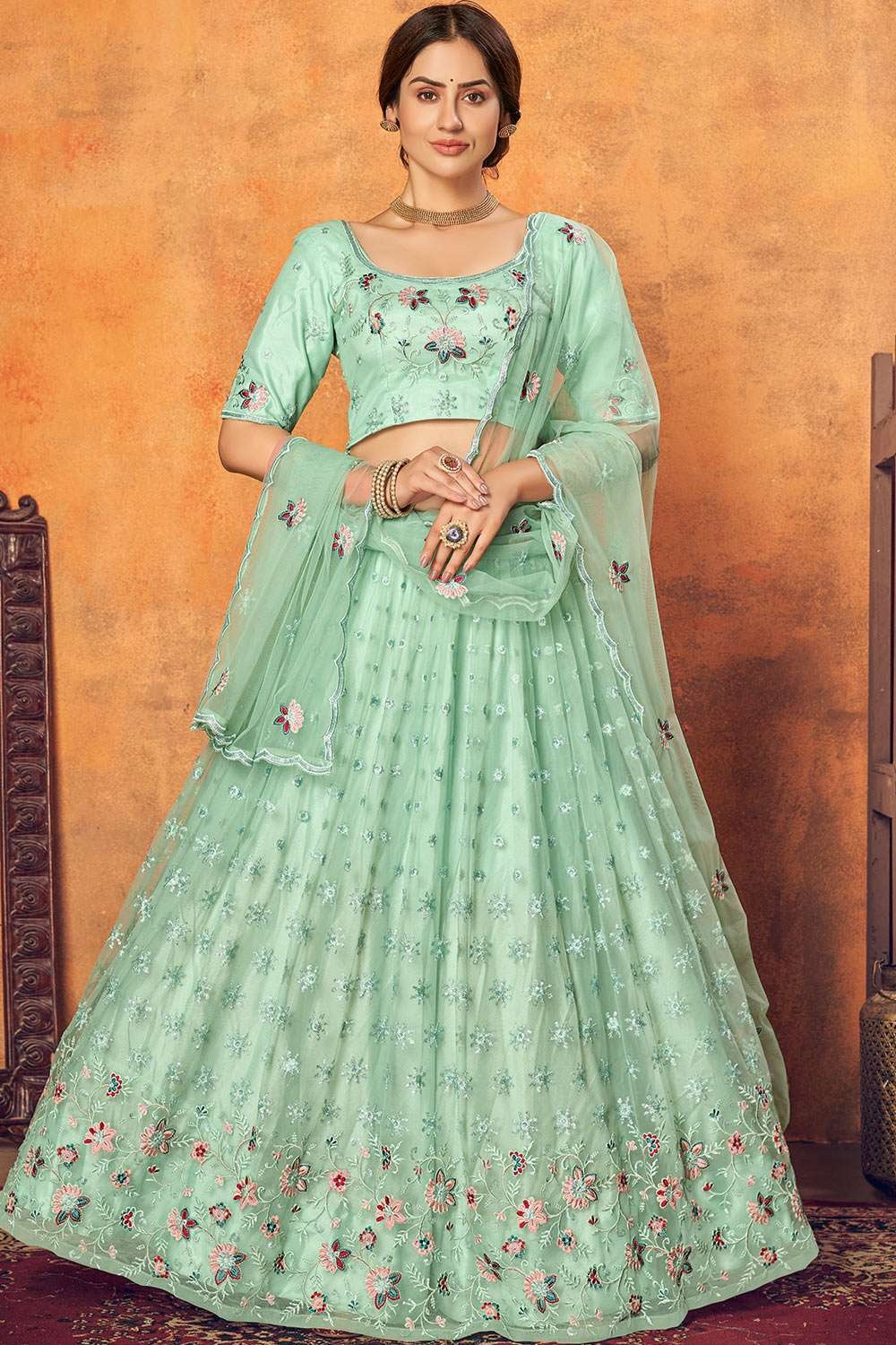 Sea Green Embroidered Satin Lehenga Choli