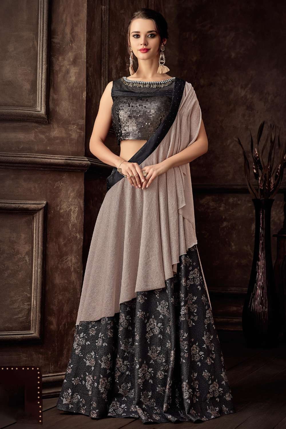 Black Party Lehenga Choli in Jacquard silk with Embroidered - LC5205